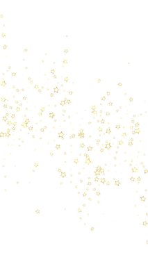 Altın parıldayan yıldız konfetisi. Kaotik rüya gibi çocuksu bir şablon. Beyaz arkaplanda şenlikli yıldız vektör çizimi.