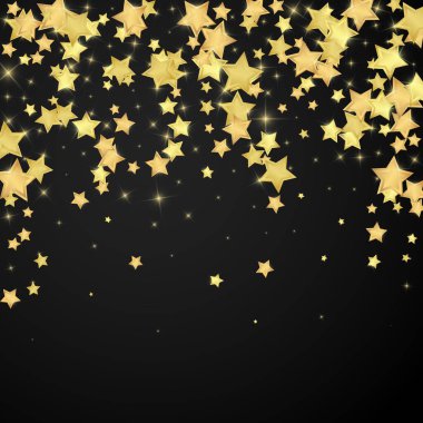 Sihirli yıldızlar vektör kaplaması. Altın yıldızlar rasgele etrafa saçılmış, düşüyor, yüzüyor. Kaotik rüya gibi çocuksu bir şablon. Siyah arka planda sihirli yıldızlı büyüleyici vektör.