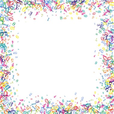 Dağınık numaralar. Renkli çocuksu parmaklar kaotik uçuyor. Beyaz arka planda matematik afişi. Düşen sayılar vektör illüstrasyonu.