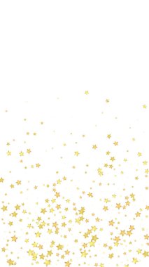 Sihirli yıldızlar vektör kaplaması. Altın yıldızlar rasgele etrafa saçılmış, düşüyor, yüzüyor. Kaotik rüya gibi çocuksu bir şablon. Beyaz arkaplanda büyülü gece gökyüzü.