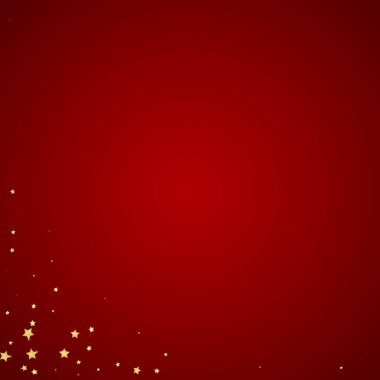 Sihirli yıldızlar vektör kaplaması. Altın yıldızlar rasgele etrafa saçılmış, düşüyor, yüzüyor. Kaotik rüya gibi çocuksu bir şablon. Kırmızı arka planda sihirli yıldızlı büyüleyici vektör.