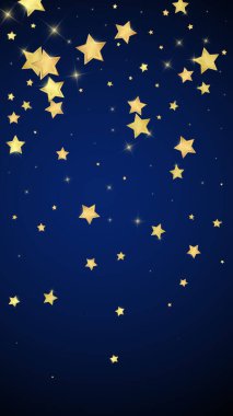 Sihirli yıldızlar vektör kaplaması. Altın yıldızlar rasgele etrafa saçılmış, düşüyor, yüzüyor. Kaotik rüya gibi çocuksu bir şablon. Koyu mavi arka planda mucizevi yıldızlı gece vektörü.