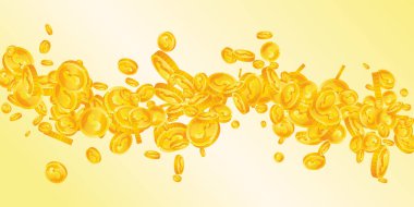 American dollar coins falling. Scattered gold USD coins. USA money. Great business success concept. Wide vector illustration.