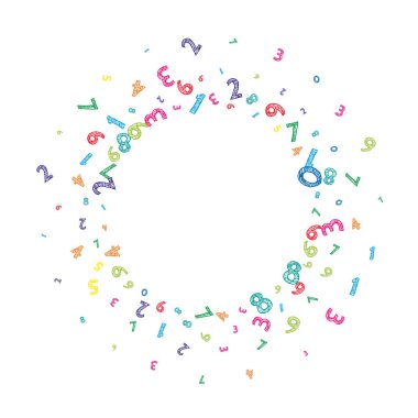 Rengarenk dağınık sayılar düşüyor. Uçan parmaklarla matematik çalışma konsepti. Beyaz arka planda okul matematik afişi için etkileyici. Düşen numaralar illüstrasyonu.