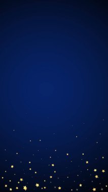 Sihirli yıldızlar vektör kaplaması. Altın yıldızlar rasgele etrafa saçılmış, düşüyor, yüzüyor. Kaotik rüya gibi çocuksu bir şablon. Koyu mavi arka planda mucizevi yıldızlı gece vektörü.