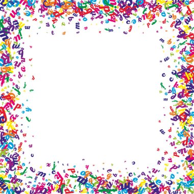 Dağınık Latin alfabesi harfleri. İngiliz dilinin renkli yüzen karakterleri. Yabancı diller öğrenim kavramı. Beyaz arkaplanda okul afişine geri dön.