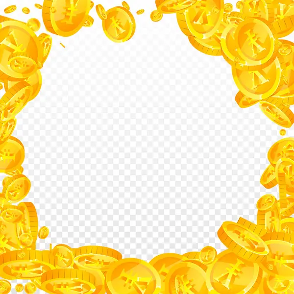 Chinese yuan coins falling. Scattered gold CNY coins. China money. Jackpot wealth or success concept. Square vector illustration.