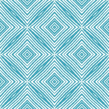 Çizgili el çizimi desen. Turkuaz simetrik kaleydoskop arka planı. Çizgili elle çizilmiş fayans tekrarlanıyor. Tekstil hazır klasik baskı, mayo kumaş, duvar kağıdı, ambalaj..
