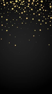 Sihirli yıldızlar vektör kaplaması. Altın yıldızlar rasgele etrafa saçılmış, düşüyor, yüzüyor. Kaotik rüya gibi çocuksu bir şablon. Siyah arka planda sihirli yıldızlı büyüleyici vektör.