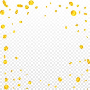 Russian ruble coins falling. Scattered gold RUB coins. Russia money. Jackpot wealth or success concept. Square vector illustration.