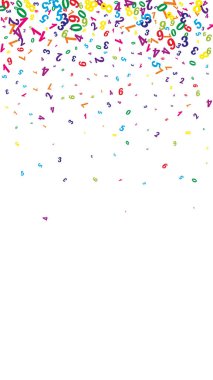 Dağınık numaralar. Renkli çocuksu parmaklar kaotik uçuyor. Beyaz arka planda matematik afişi. Düşen sayılar vektör illüstrasyonu.