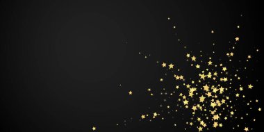 Sihirli yıldızlar vektör kaplaması. Altın yıldızlar rasgele etrafa saçılmış, düşüyor, yüzüyor. Kaotik rüya gibi çocuksu bir şablon. Siyah arkaplanda vektör peri masalı.