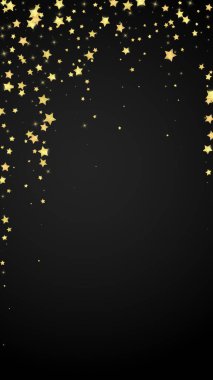 Sihirli yıldızlar vektör kaplaması. Altın yıldızlar rasgele etrafa saçılmış, düşüyor, yüzüyor. Kaotik rüya gibi çocuksu bir şablon. Siyah arkaplanda vektör peri masalı.