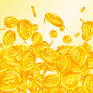 Bitcoin coins falling. Cryptocurrency scattered gold BTC coins. Internet currency. Great business success concept. Square vector illustration.