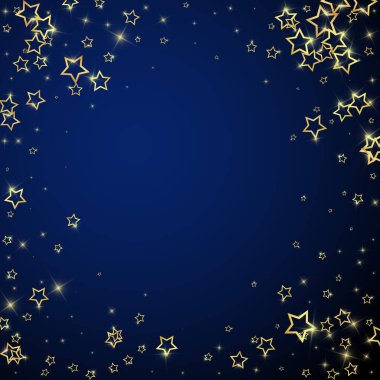 Yıldızlı gece masalı geçmişi. Şirin ışıltılı parıltılar, havada Noel ruhu. Koyu mavi arkaplanda kutlama yıldızları vektör illüstrasyonu.