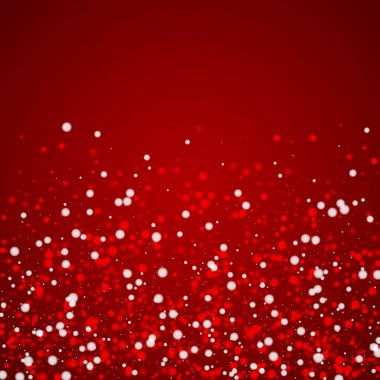 Sihirli kar yağışı arkaplanı. İnce uçan kar taneleri ve kırmızı arka plandaki yıldızlar. Sihirli yağan kar tatili manzarası. Kare vektör illüstrasyonu.