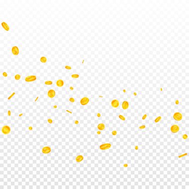Bitcoin coins falling. Cryptocurrency scattered gold BTC coins. Internet currency. Great business success concept. Square vector illustration.