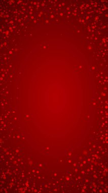 Yılbaşı arkaplanında kar taneleri yağıyor. İnce uçan kar taneleri ve kırmızı arka plandaki yıldızlar. Çok güzel düşen kar taneleri. Dikey vektör illüstrasyonu.