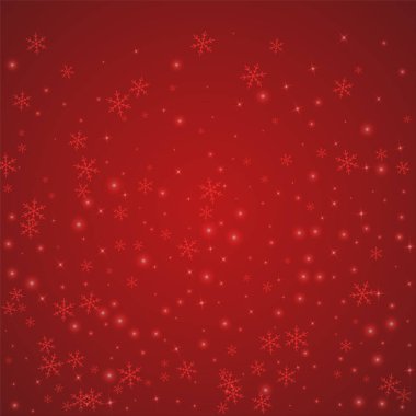 Yılbaşı arkaplanında kar taneleri yağıyor. İnce uçan kar taneleri ve kırmızı arka plandaki yıldızlar. Çok güzel düşen kar taneleri. Kare vektör illüstrasyonu.