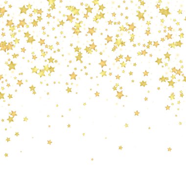 Sihirli yıldızlar vektör kaplaması. Altın yıldızlar rasgele etrafa saçılmış, düşüyor, yüzüyor. Kaotik rüya gibi çocuksu bir şablon. Beyaz arkaplanda büyülü gece gökyüzü.