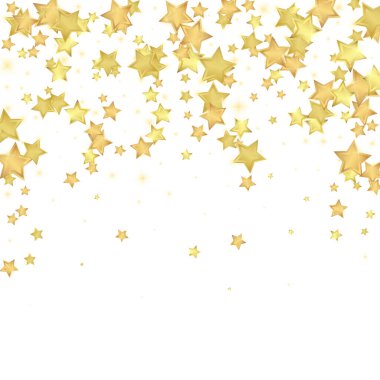 Sihirli yıldızlar vektör kaplaması. Altın yıldızlar rasgele etrafa saçılmış, düşüyor, yüzüyor. Kaotik rüya gibi çocuksu bir şablon. Beyaz arkaplanda vektör peri masalı.