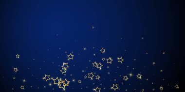 Altın parıldayan yıldız konfetisi. Kaotik rüya gibi çocuksu bir şablon. Koyu mavi arkaplanda kutlama yıldızları vektör illüstrasyonu.