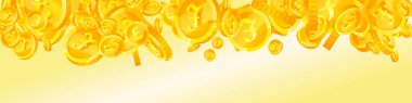 British pound coins falling. Scattered gold GBP coins.  United Kingdom money. Jackpot wealth or success concept. Panoramic vector illustration.