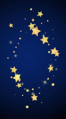 Sihirli yıldızlar vektör kaplaması. Altın yıldızlar rasgele etrafa saçılmış, düşüyor, yüzüyor. Kaotik rüya gibi çocuksu bir şablon. Koyu mavi arka planda mucizevi yıldızlı gece vektörü.