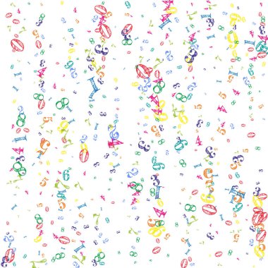 Okul geçmişi kavramı. Renkli çocuksu sayılar ve rakamlar düşüyor. Beyaz arka planda matematik afişi. Düşen sayılar vektör illüstrasyonu.