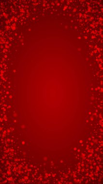 Sihirli kar yağışı arkaplanı. İnce uçan kar taneleri ve kırmızı arka plandaki yıldızlar. Sihirli yağan kar tatili manzarası. Dikey vektör illüstrasyonu.