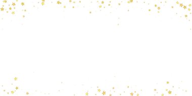 Sihirli yıldızlar vektör kaplaması. Altın yıldızlar rasgele etrafa saçılmış, düşüyor, yüzüyor. Kaotik rüya gibi çocuksu bir şablon. Beyaz arkaplanda vektör peri masalı.