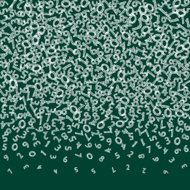 Düşen tebeşir numaraları. Uçan parmaklarla matematik çalışma konsepti. Tahta arka plandaki matematik panosuna kadar kusursuz. Düşen numaralar illüstrasyonu.