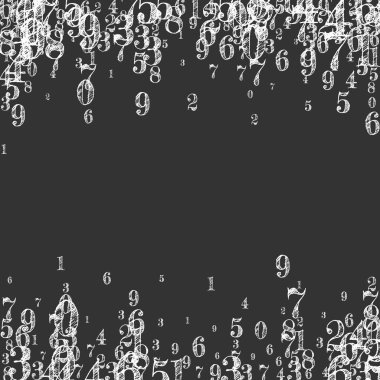 Okul geçmişi kavramı. Beyaz tebeşir sayıları ve rakamlar düşüyor. Tahta arka planda matematik afişi var. Düşen sayılar vektör illüstrasyonu.