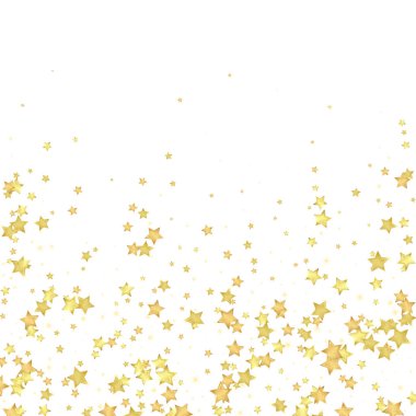 Sihirli yıldızlar vektör kaplaması. Altın yıldızlar rasgele etrafa saçılmış, düşüyor, yüzüyor. Kaotik rüya gibi çocuksu bir şablon. Beyaz arkaplanda vektör büyüsü.