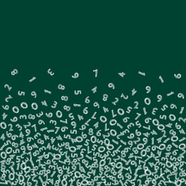 Elle çizilmiş tebeşir sayıları düşüyor. Uçan parmaklarla matematik çalışma konsepti. Tahta arka planda okul matematik afişi var. Düşen numaralar illüstrasyonu.