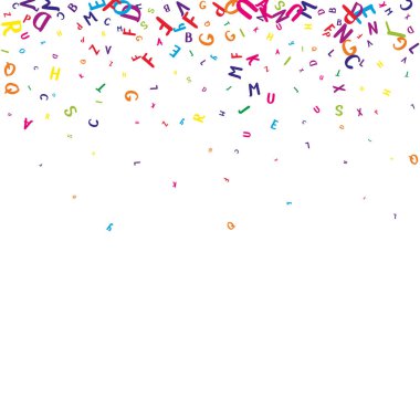 Uçan Latince mektuplar. İngiliz alfabesinin renkli çocuksu dağılmış çardakları. Yabancı diller öğrenim kavramı. Beyaz arkaplanda okul afişine geri dön.