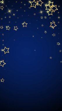 Yıldızlı gece masalı geçmişi. Şirin ışıltılı parıltılar, havada Noel ruhu. Koyu mavi arkaplanda kutlama yıldızları vektör illüstrasyonu.
