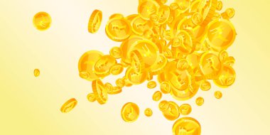 Indian rupee coins falling. Scattered gold INR coins. India money. Global financial crisis concept. Wide vector illustration.