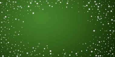 Yılbaşı arkaplanında kar taneleri yağıyor. İnce uçan kar taneleri ve yeşil arka plandaki yıldızlar. Çok güzel düşen kar taneleri. Geniş vektör illüstrasyonu.