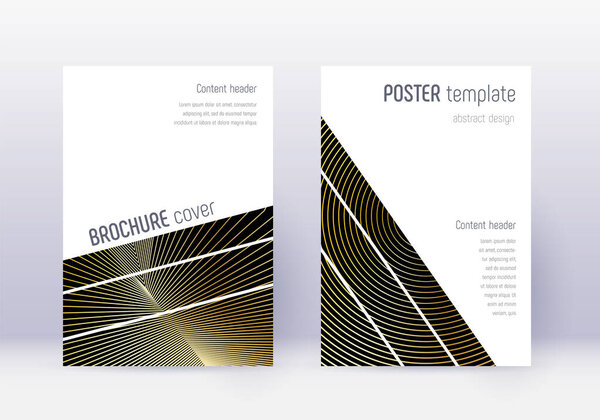 Geometric cover design template set. Gold abstract lines on black background. Bold cover design. Marvelous catalog, poster, book template etc.