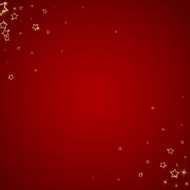 Parıldayan yıldızlar rastgele dağılmış, uçuyor, düşüyor, yüzüyor. Noel kutlaması kavramı. Kırmızı arkaplanda kutlama yıldızları vektör çizimi.