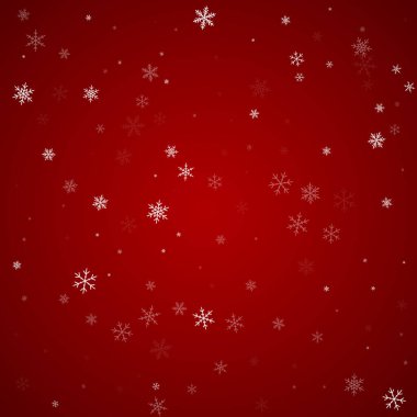 Güzel kar yağışı arkaplanı. İnce uçan kar taneleri ve kırmızı arka plandaki yıldızlar. Güzel kar yağışı şablonu. Kare vektör illüstrasyonu.