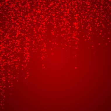 Sihirli kar yağışı arkaplanı. İnce uçan kar taneleri ve kırmızı arka plandaki yıldızlar. Sihirli yağan kar tatili manzarası. Kare vektör illüstrasyonu.