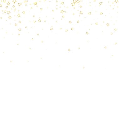 Altın parıldayan yıldız konfetisi. Kaotik rüya gibi çocuksu bir şablon. Beyaz arkaplanda şenlikli yıldız vektör çizimi.