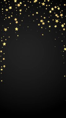 Sihirli yıldızlar vektör kaplaması. Altın yıldızlar rasgele etrafa saçılmış, düşüyor, yüzüyor. Kaotik rüya gibi çocuksu bir şablon. Siyah arka planda sihirli yıldızlı büyüleyici vektör.