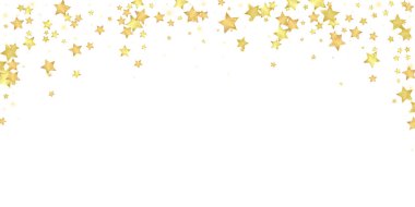 Sihirli yıldızlar vektör kaplaması. Altın yıldızlar rasgele etrafa saçılmış, düşüyor, yüzüyor. Kaotik rüya gibi çocuksu bir şablon. Beyaz arkaplanda vektör peri masalı.