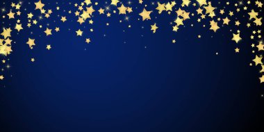 Sihirli yıldızlar vektör kaplaması. Altın yıldızlar rasgele etrafa saçılmış, düşüyor, yüzüyor. Kaotik rüya gibi çocuksu bir şablon. koyu mavi arkaplanda.