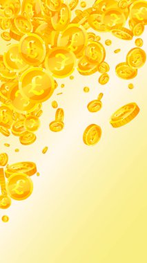 İngiliz sikkeleri düşüyor. Dağınık altın GBP paraları. İngiltere parası. Büyük ikramiye ya da başarı konsepti. Vektör illüstrasyonu.