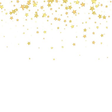 Sihirli yıldızlar vektör kaplaması. Altın yıldızlar rasgele etrafa saçılmış, düşüyor, yüzüyor. Kaotik rüya gibi çocuksu bir şablon. Beyaz arkaplanda vektör peri masalı.