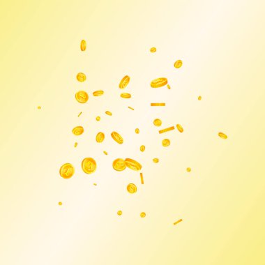 British pound coins falling. Scattered gold GBP coins.  United Kingdom money. Great business success concept. Square vector illustration.